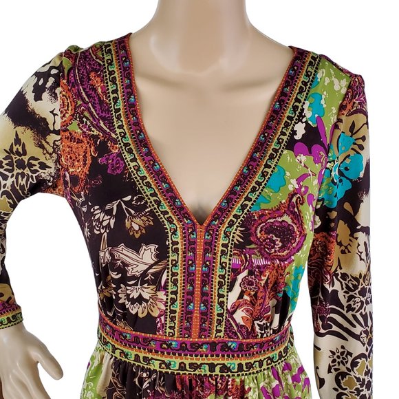 Floral Boho Dress Women's S Knit Stretch V Neck Tie Long Sleeve Brown & Purple - Picture 7 of 13